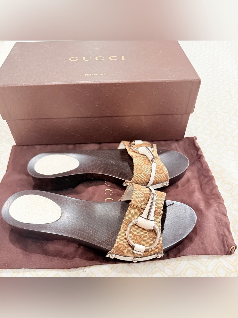 Gucci Brown Monogram Canvas Slide Sandals with Silver Tone Hardware - Picture 2 of 6